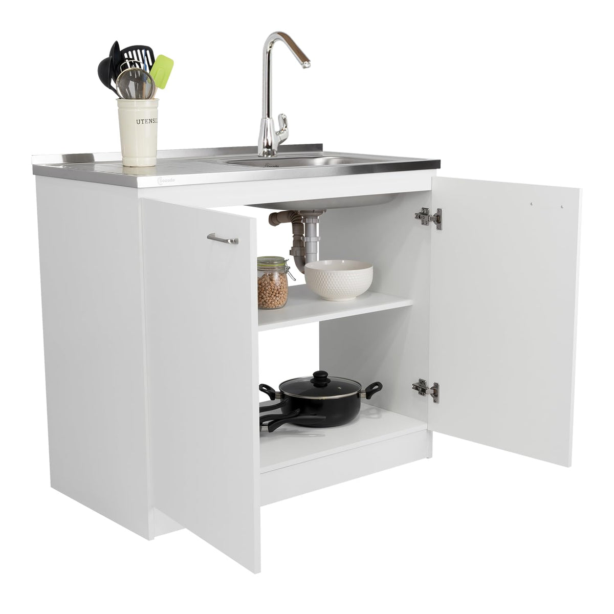 White 39 in Kitchen Sink Cabinet with Stainless Steel Top V24081