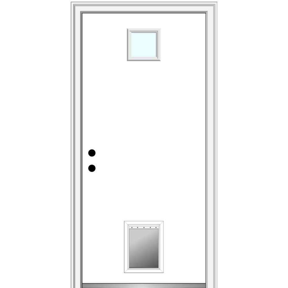 Steel Primed Right Hand In-Swing Prehung Front Door with Pet Door Clear Glass 36" x 80" J91555