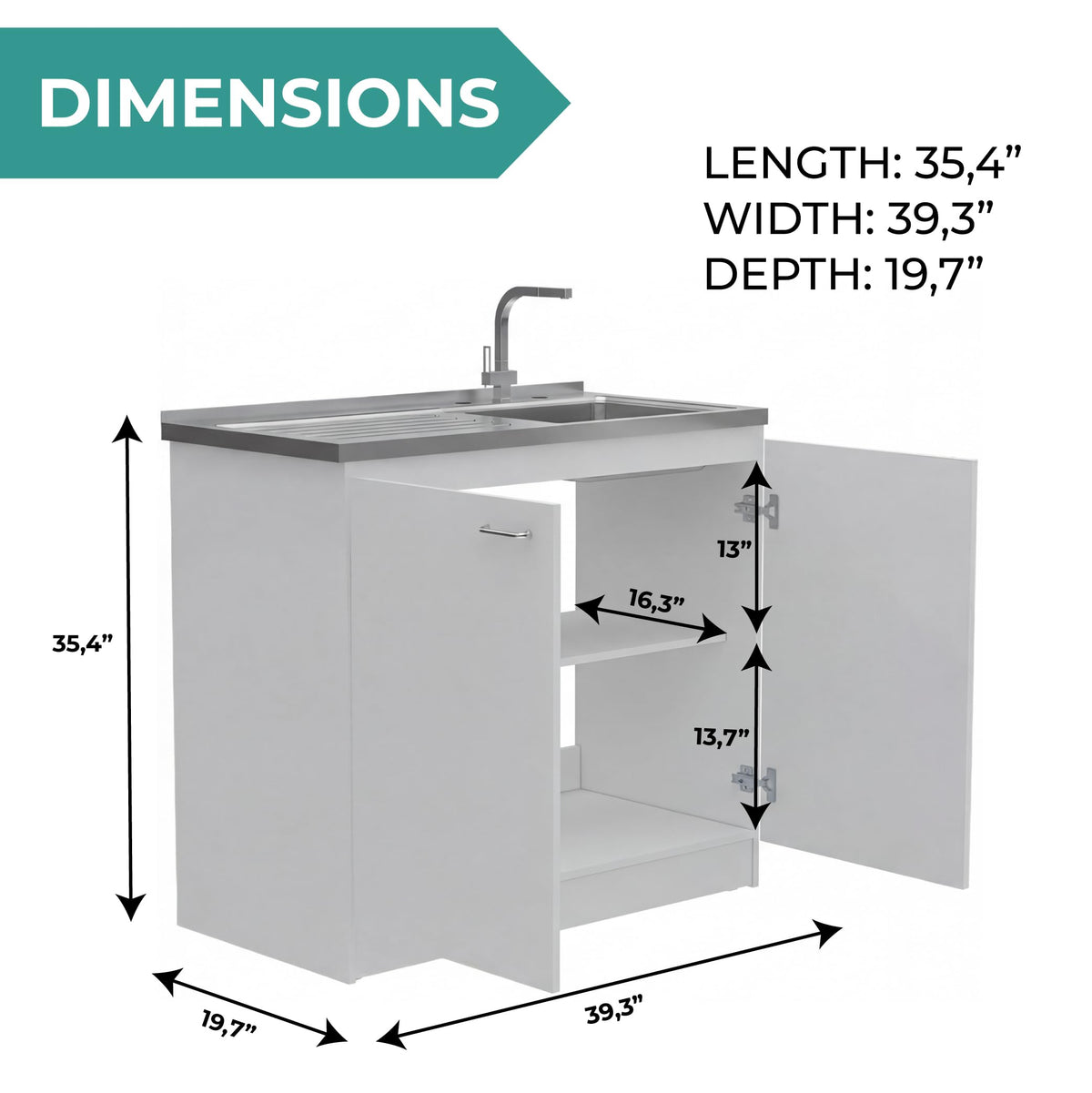 White 39 in Kitchen Sink Cabinet with Stainless Steel Top V24081