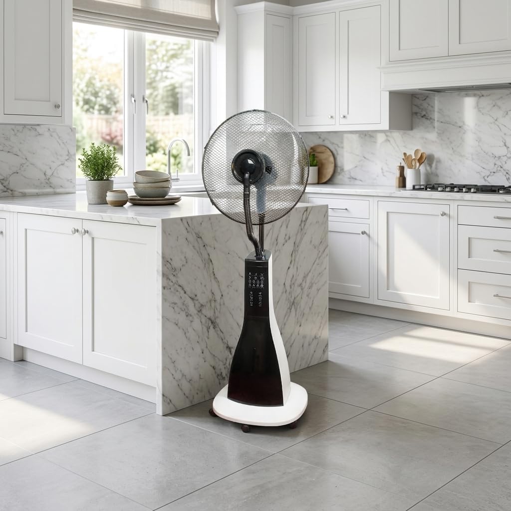 47" Misting Oscillating Pedestal Fan with Water Tank, Remote, Timer, 3 Speeds, Black White W8640