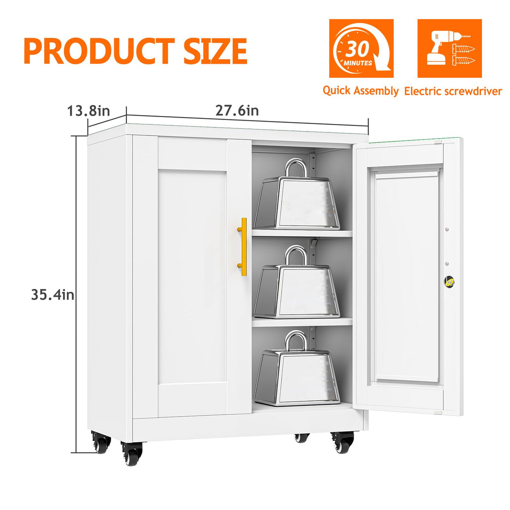 White Metal Storage Cabinet with Wheels W1485