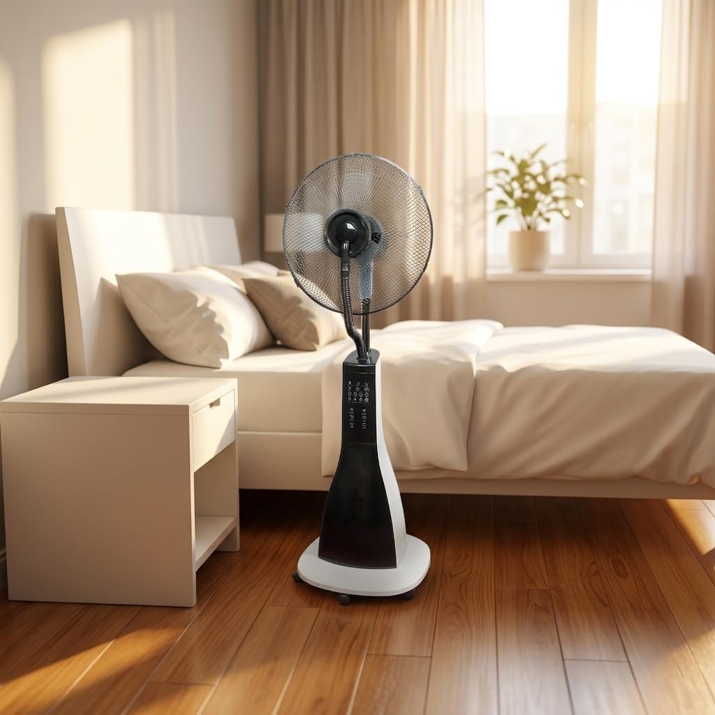 47" Misting Oscillating Pedestal Fan with Water Tank, Remote, Timer, 3 Speeds, Black White W8640