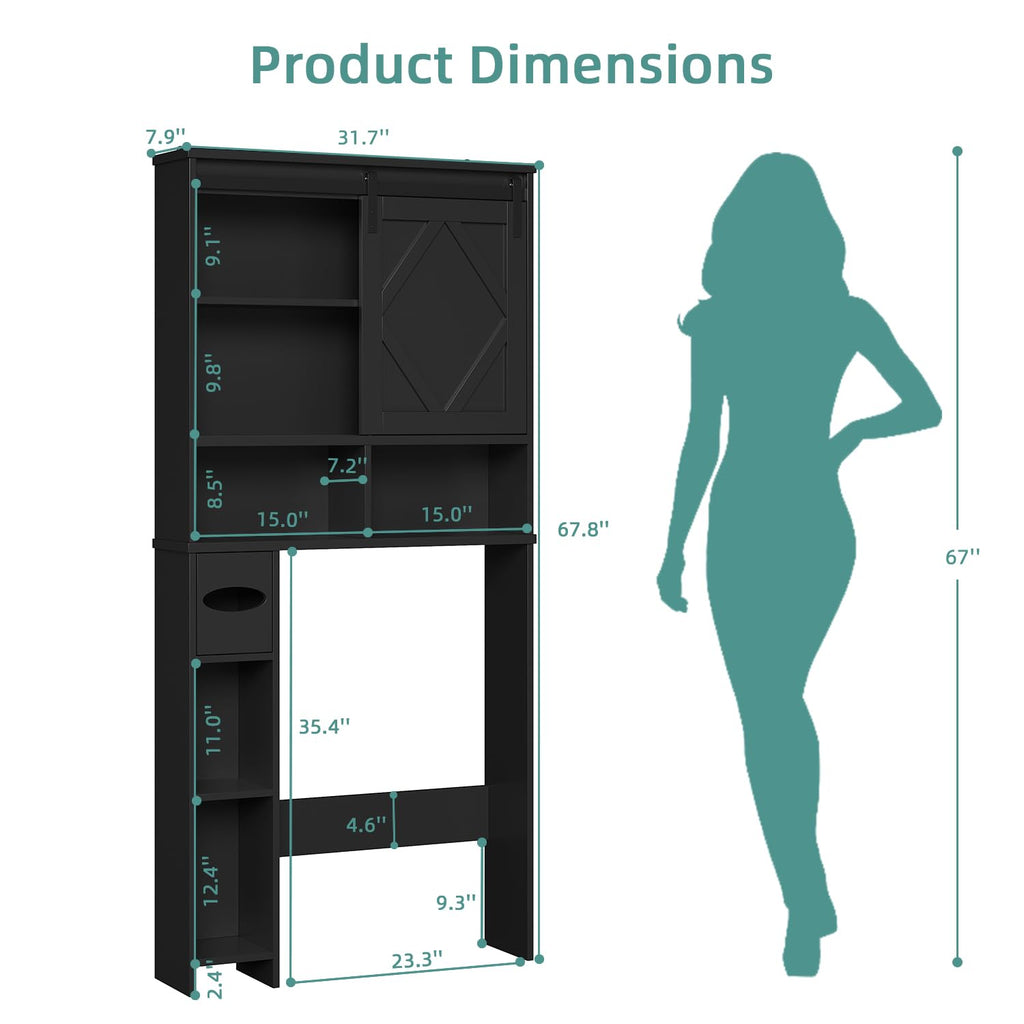 Black Over the Toilet Storage Cabinet with Sliding Barn Door K20627