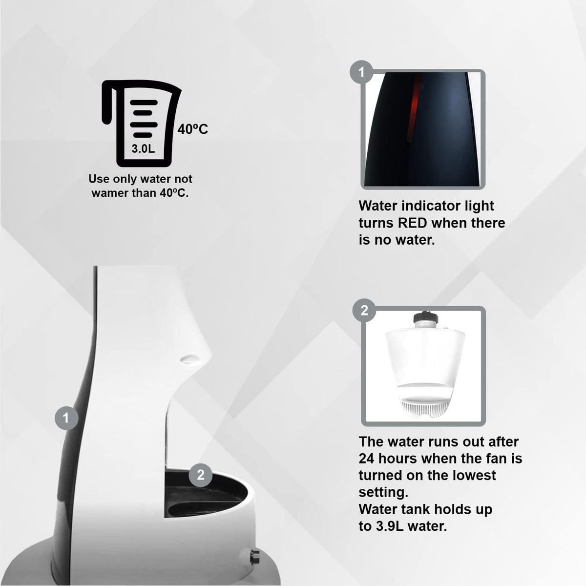 47" Misting Oscillating Pedestal Fan with Water Tank, Remote, Timer, 3 Speeds, Black White W8640