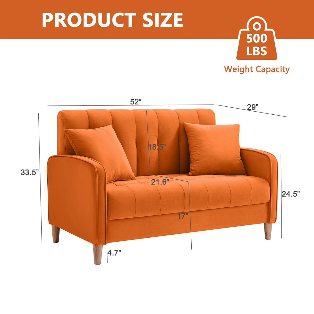 52" Orange Velvet 2 Seater Sofa with 2 Pillows T336278