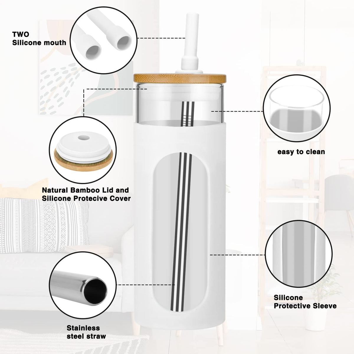 22 oz Glass Tumbler with Lid and Straw N663