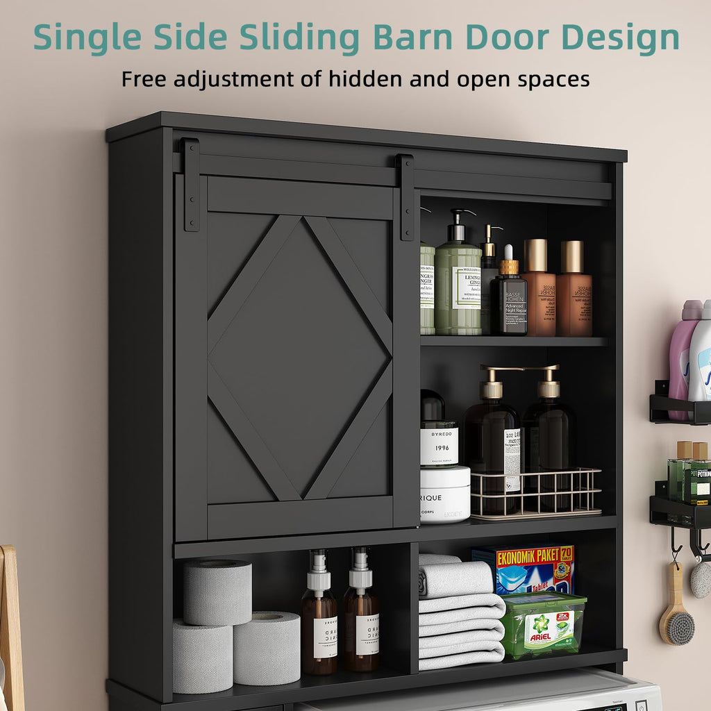 Black Over the Toilet Storage Cabinet with Sliding Barn Door K20627