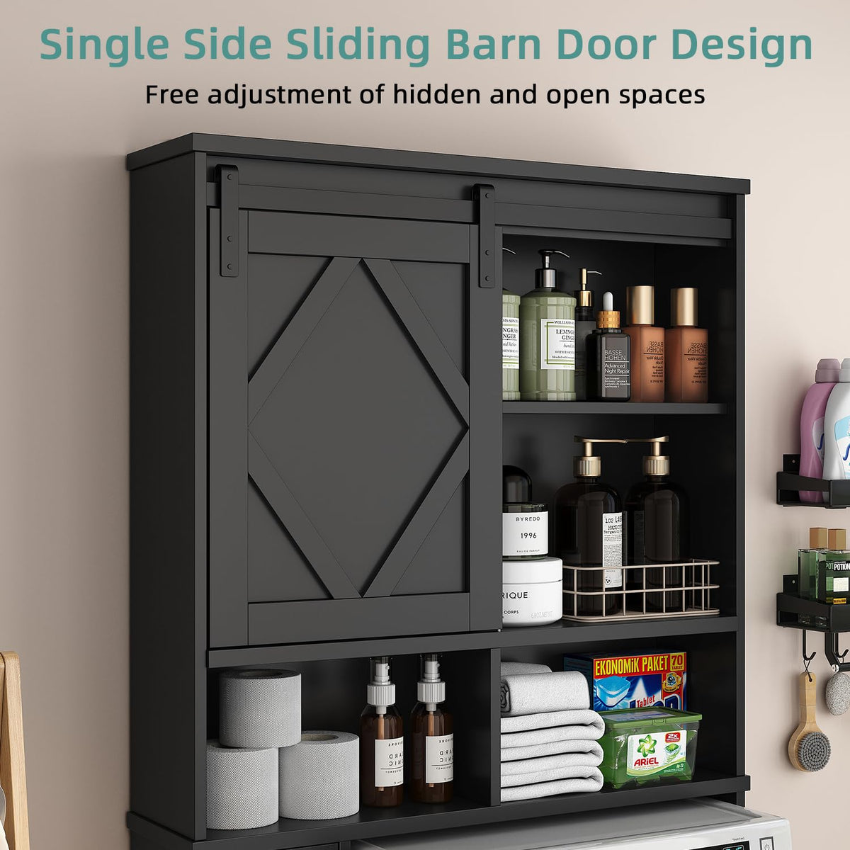 Black Over the Toilet Storage Cabinet with Sliding Barn Door K20627