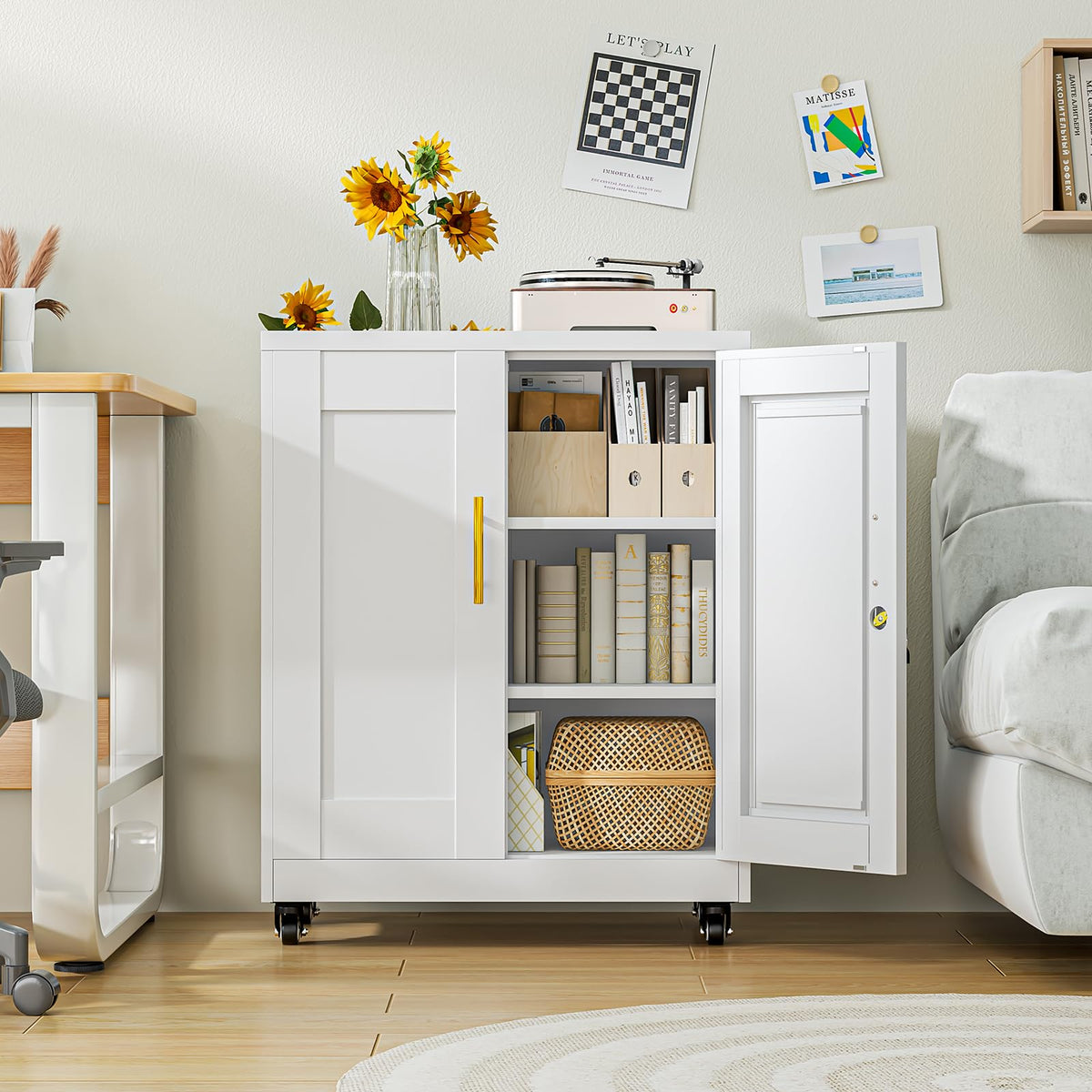 White Metal Storage Cabinet with Wheels W1485