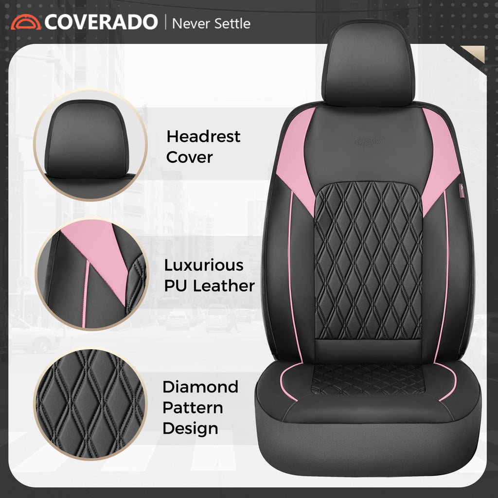 Black Pink Faux Leather Car Seat Covers Full Set I70041