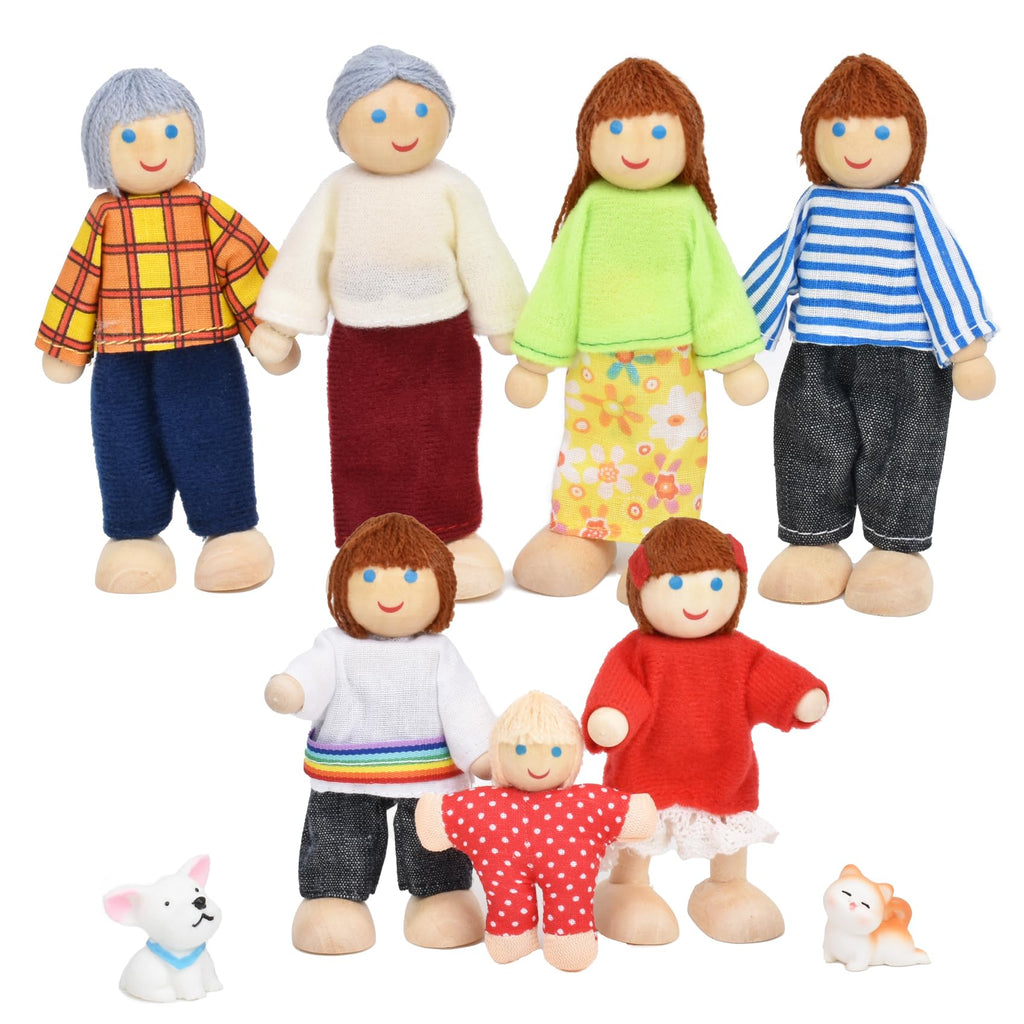 Wooden Dollhouse Dolls Family Set of 7 Miniature Figures and 2 Pets R277