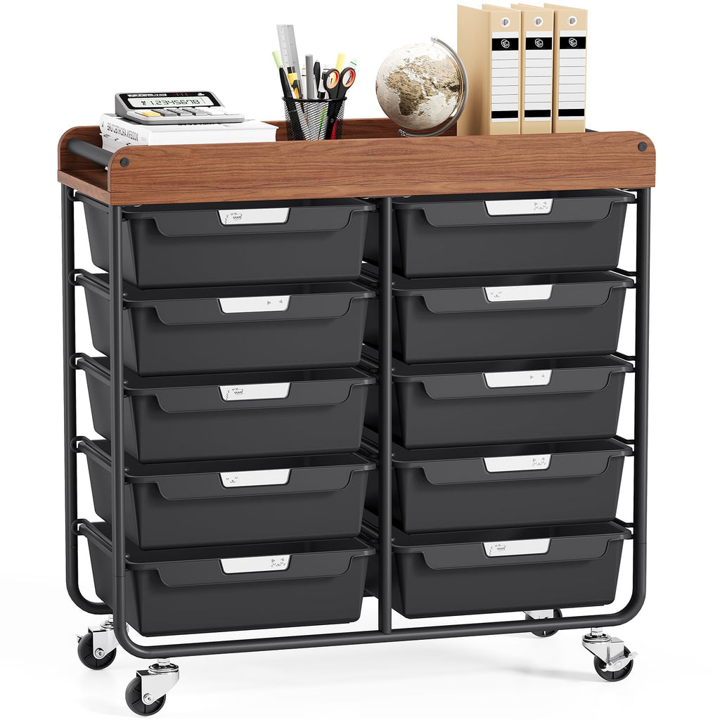 10 Drawer Rolling Storage Cart with Wooden Tabletop M1358