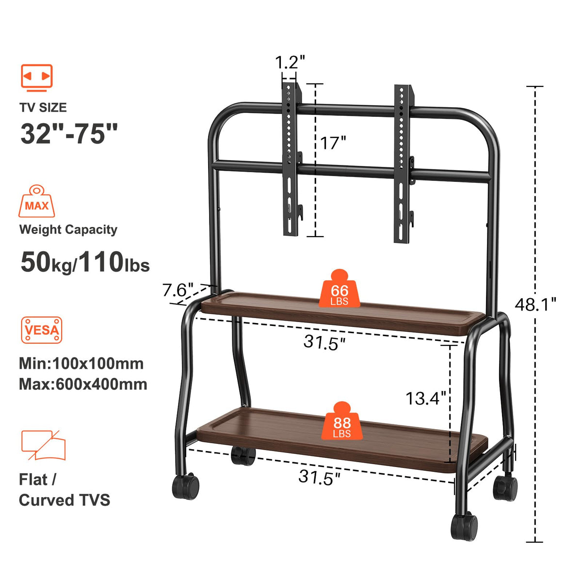 Rolling TV Stand on Wheels for 32-75 Inch TVs with Double Shelves C69696