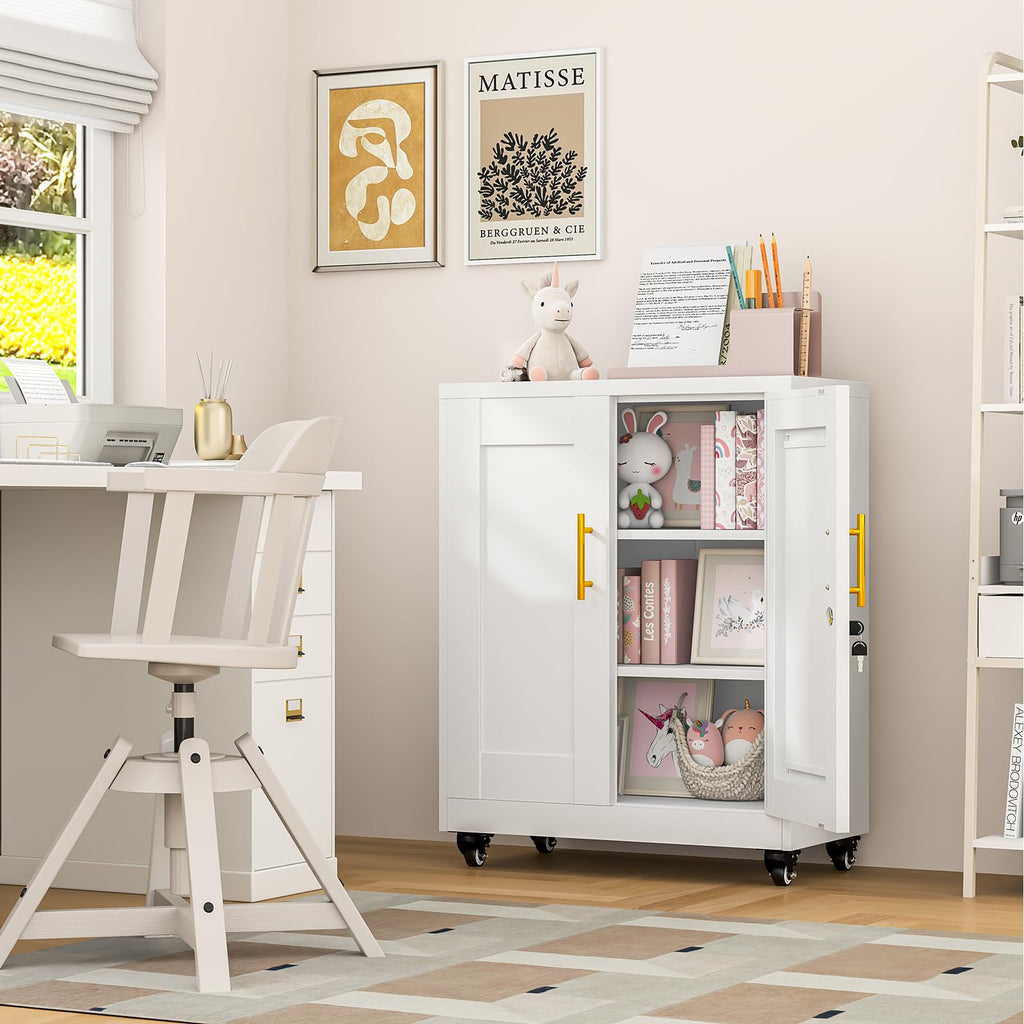 White Metal Storage Cabinet with Wheels W1485
