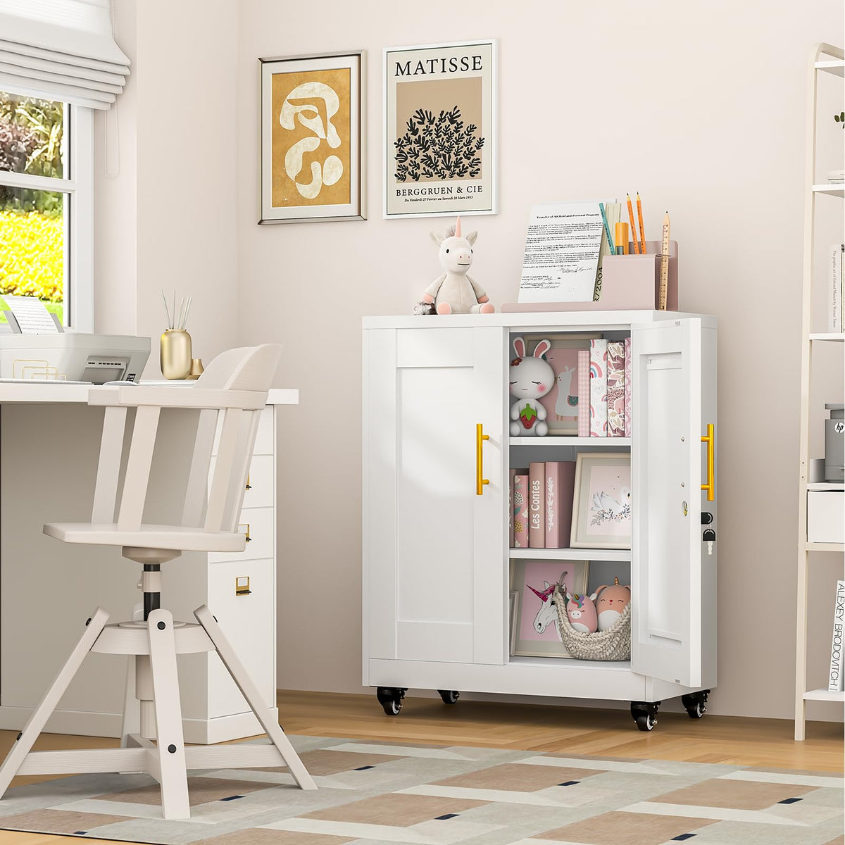 White Metal Storage Cabinet with Wheels W1485