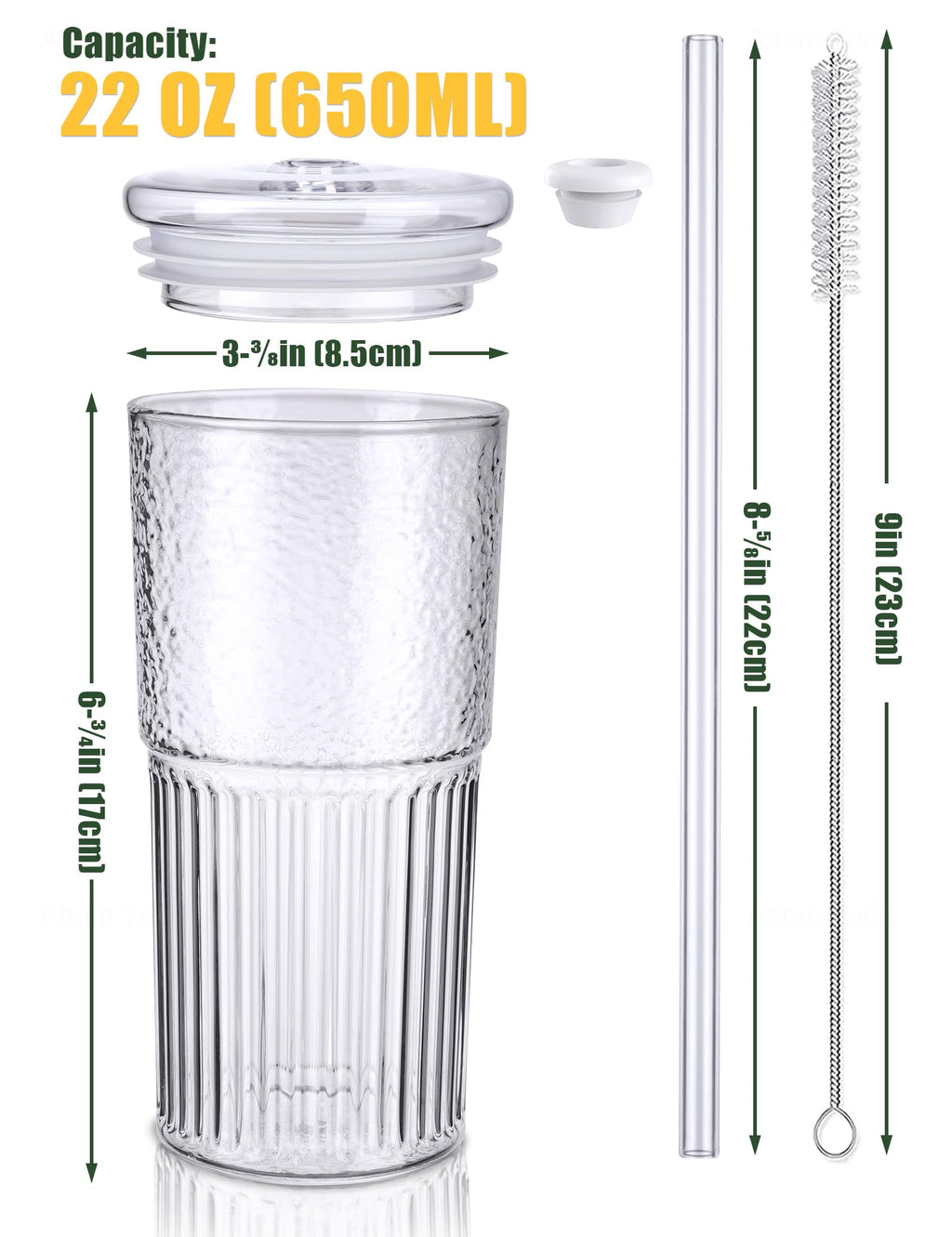 High Borosilicate Glass Tumbler Cup with Lid and Straw, 22oz Clear 2 Pack A216