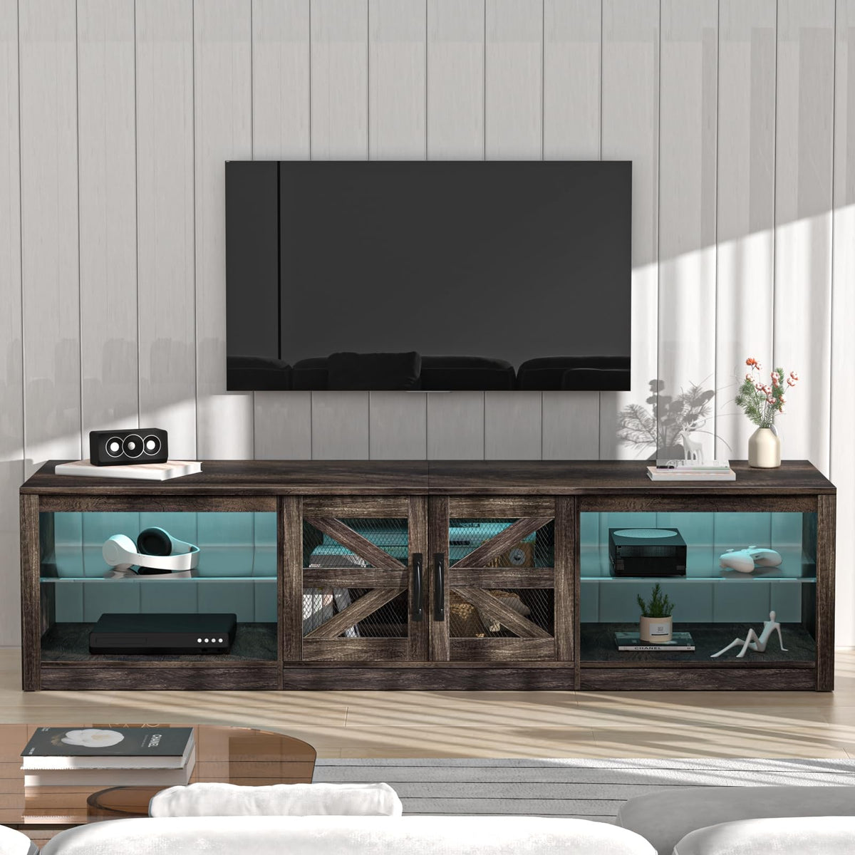 Rustic Brown Grey TV Stand with Sliding Barn Door Y56522