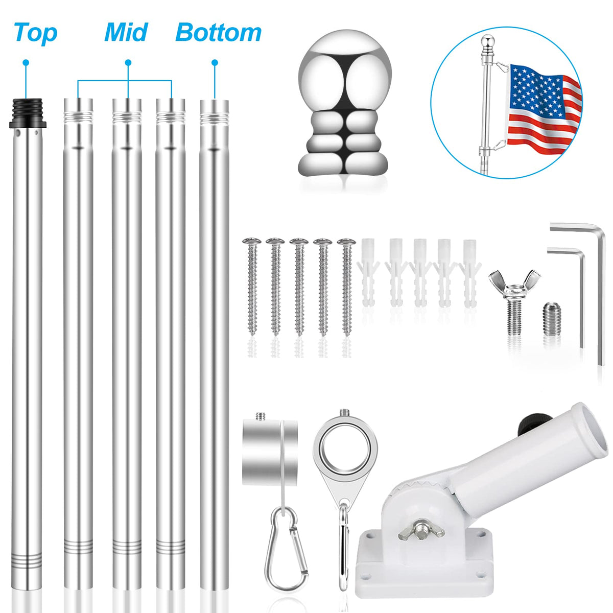 6 FT Metal Flagpole Kit and Stainless Steel Flagpole Clips I6465