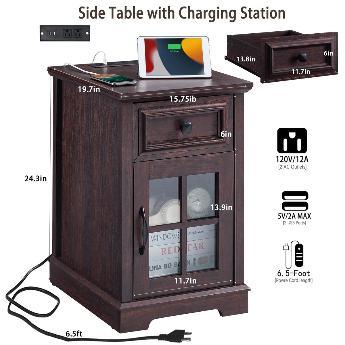 Cherry Side Table with Charging Station D624602