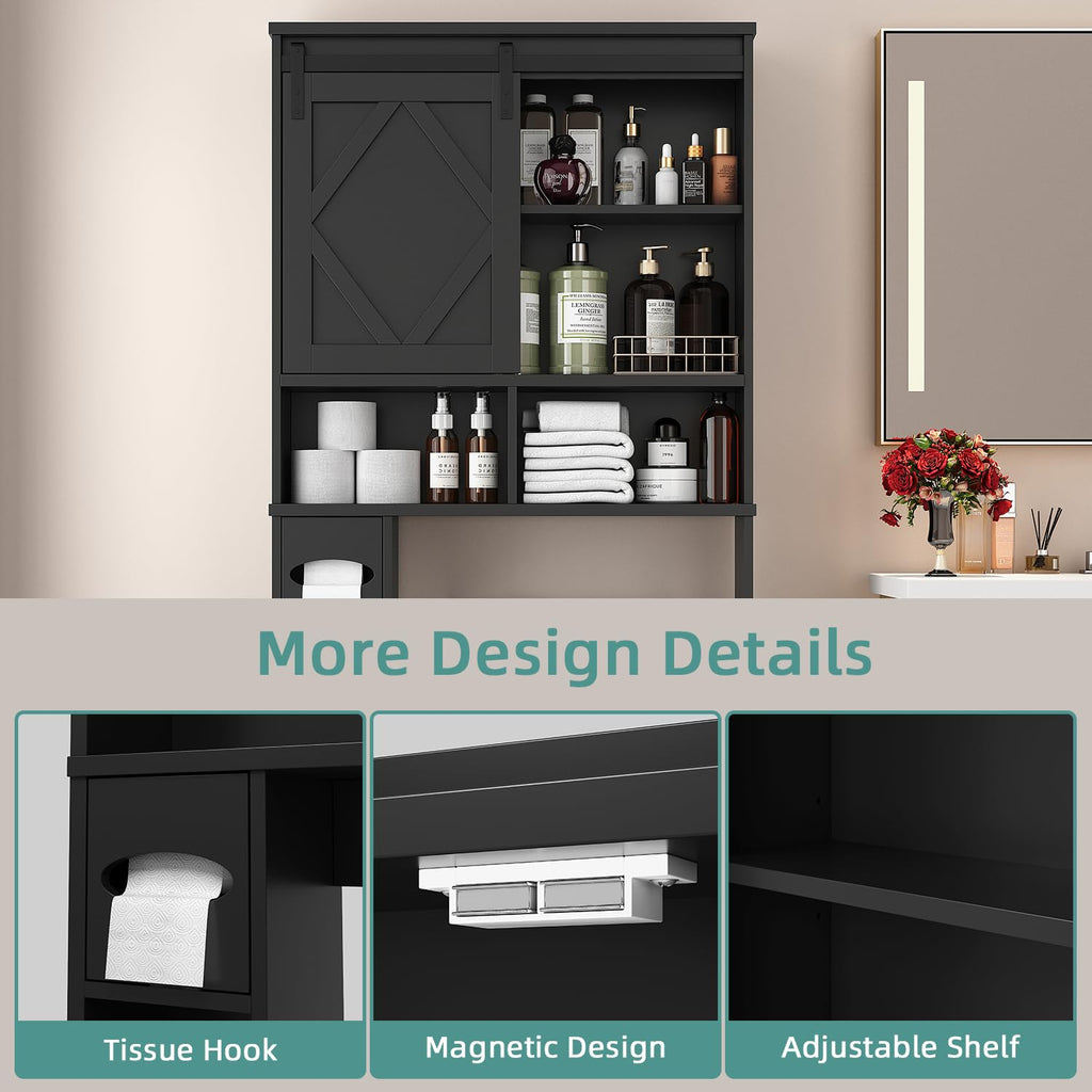 Black Over the Toilet Storage Cabinet with Sliding Barn Door K20627