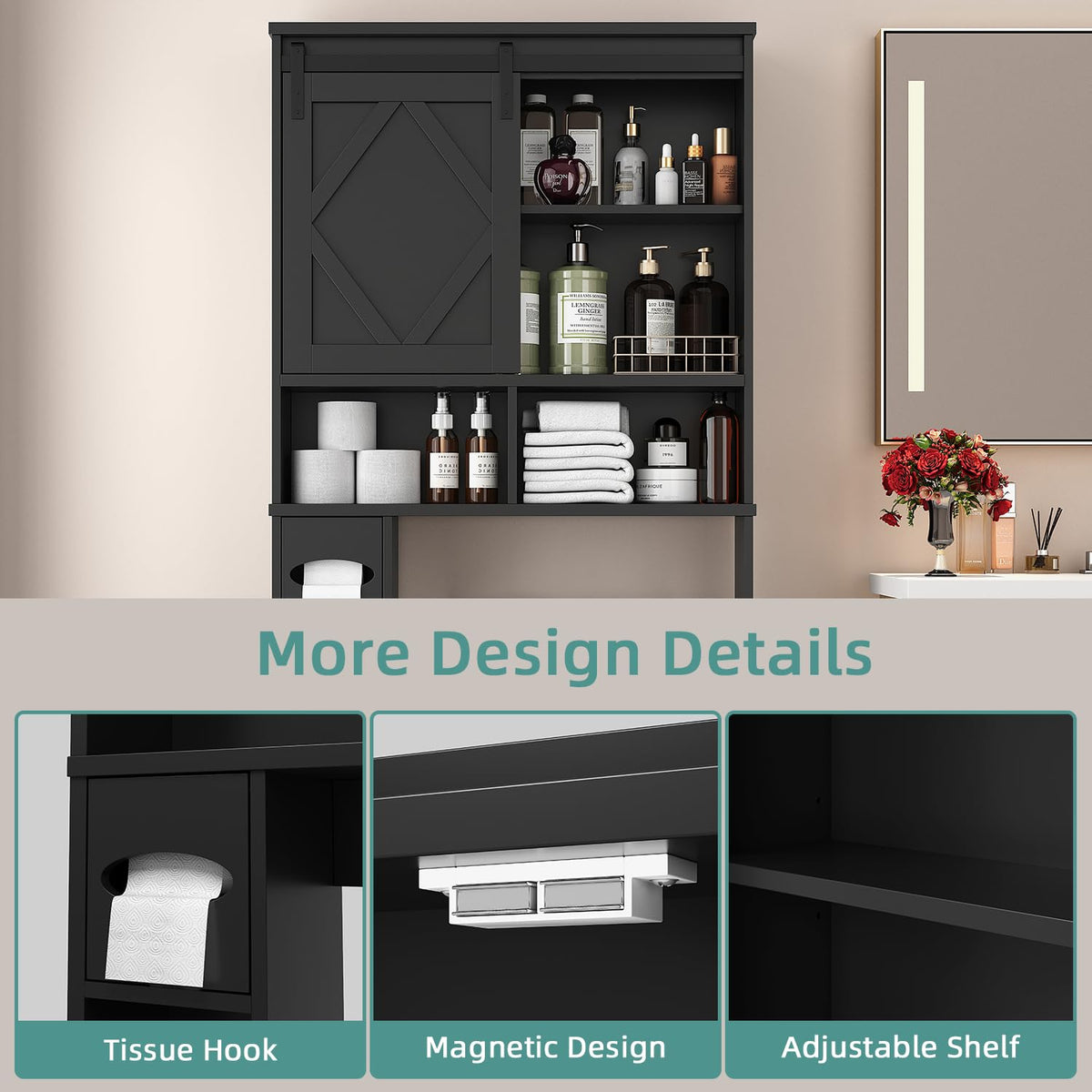 Black Over the Toilet Storage Cabinet with Sliding Barn Door K20627