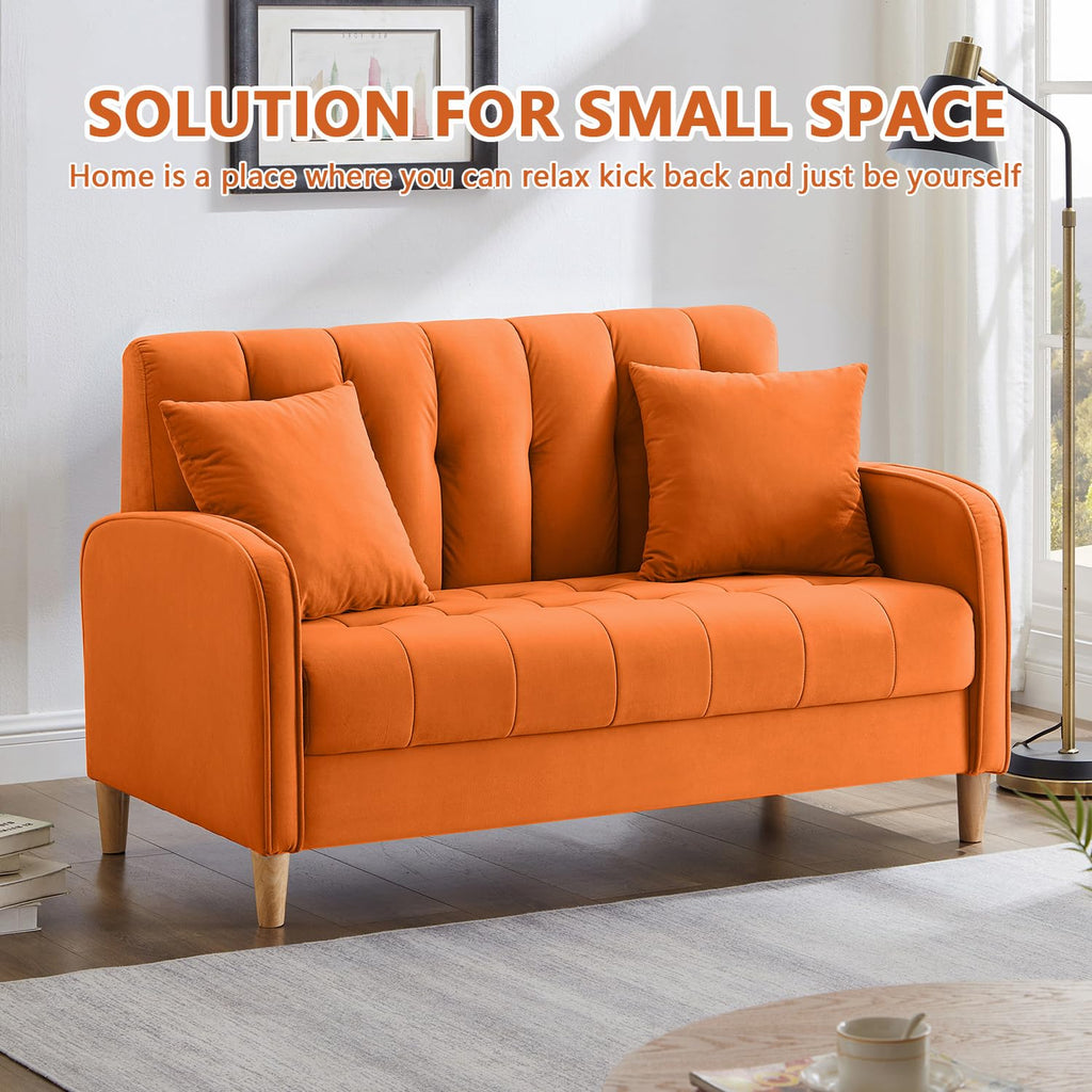 52" Orange Velvet 2 Seater Sofa with 2 Pillows T336278