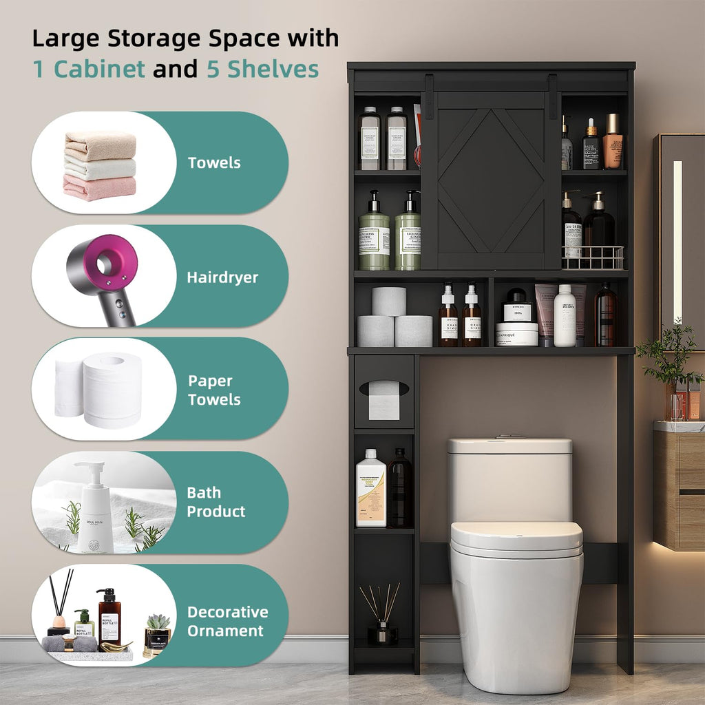 Black Over the Toilet Storage Cabinet with Sliding Barn Door K20627
