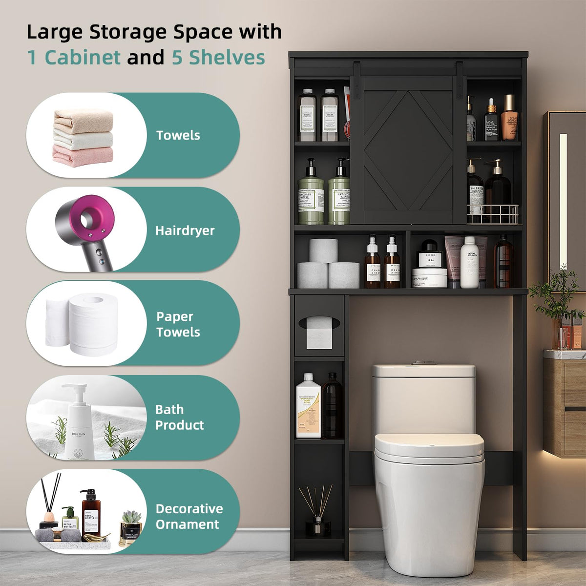 Black Over the Toilet Storage Cabinet with Sliding Barn Door K20627