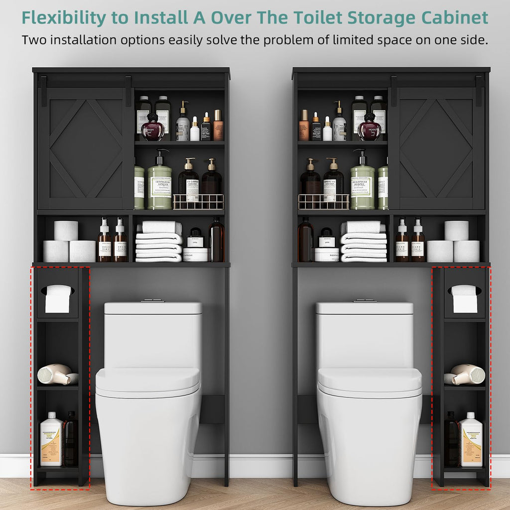Black Over the Toilet Storage Cabinet with Sliding Barn Door K20627