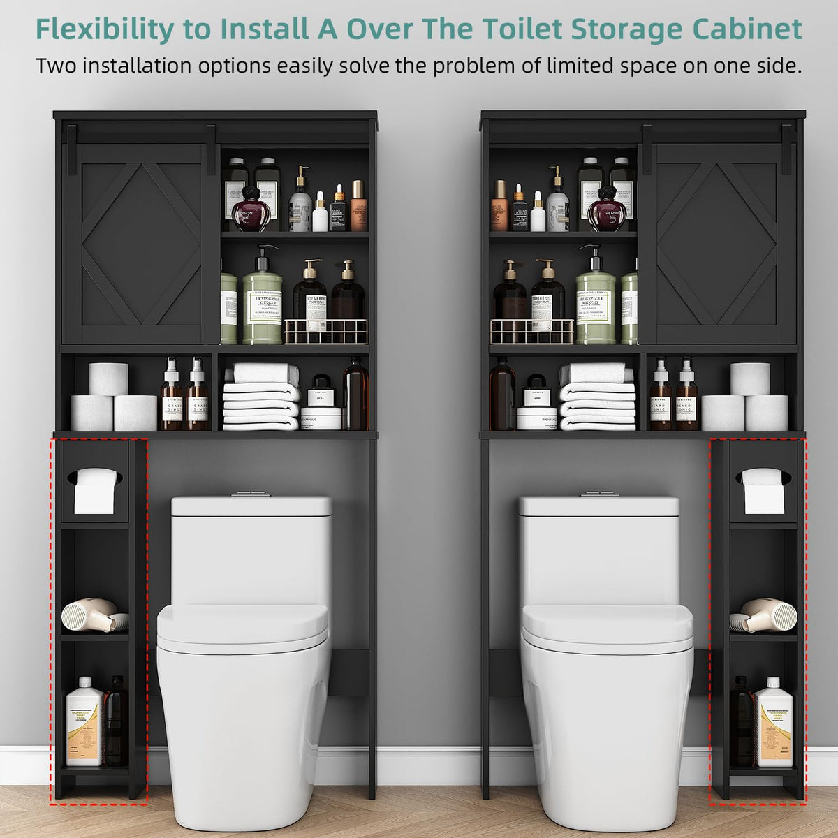 Black Over the Toilet Storage Cabinet with Sliding Barn Door K20627