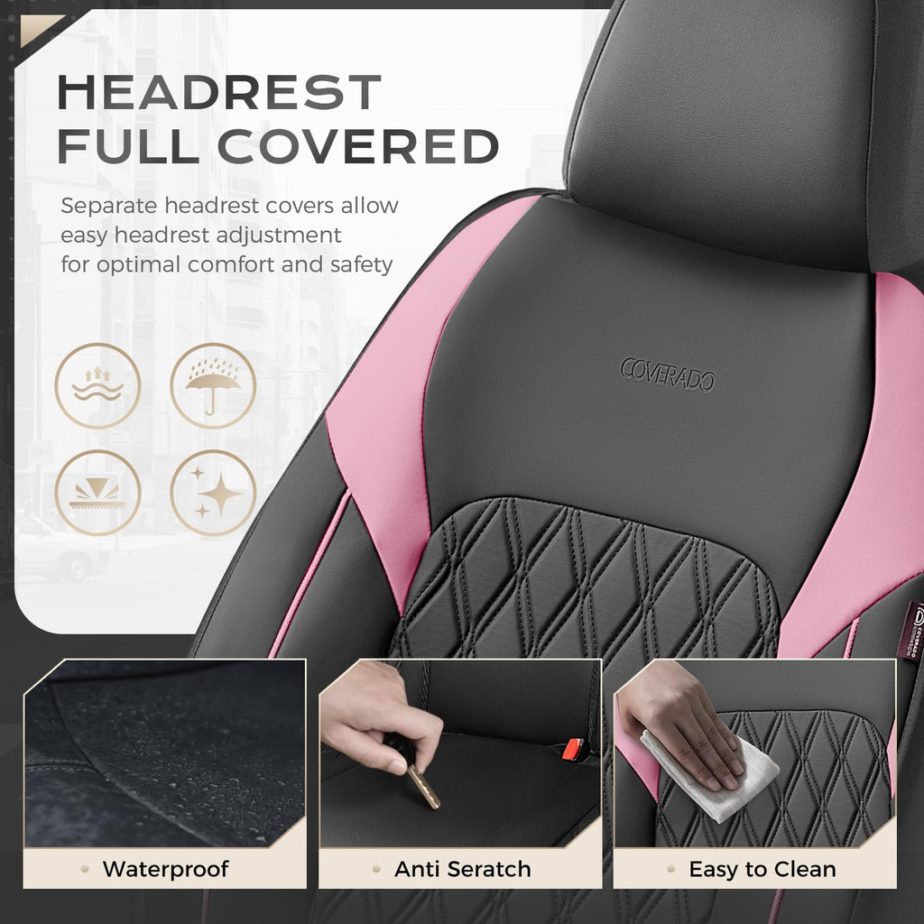 Black Pink Faux Leather Car Seat Covers Full Set I70041