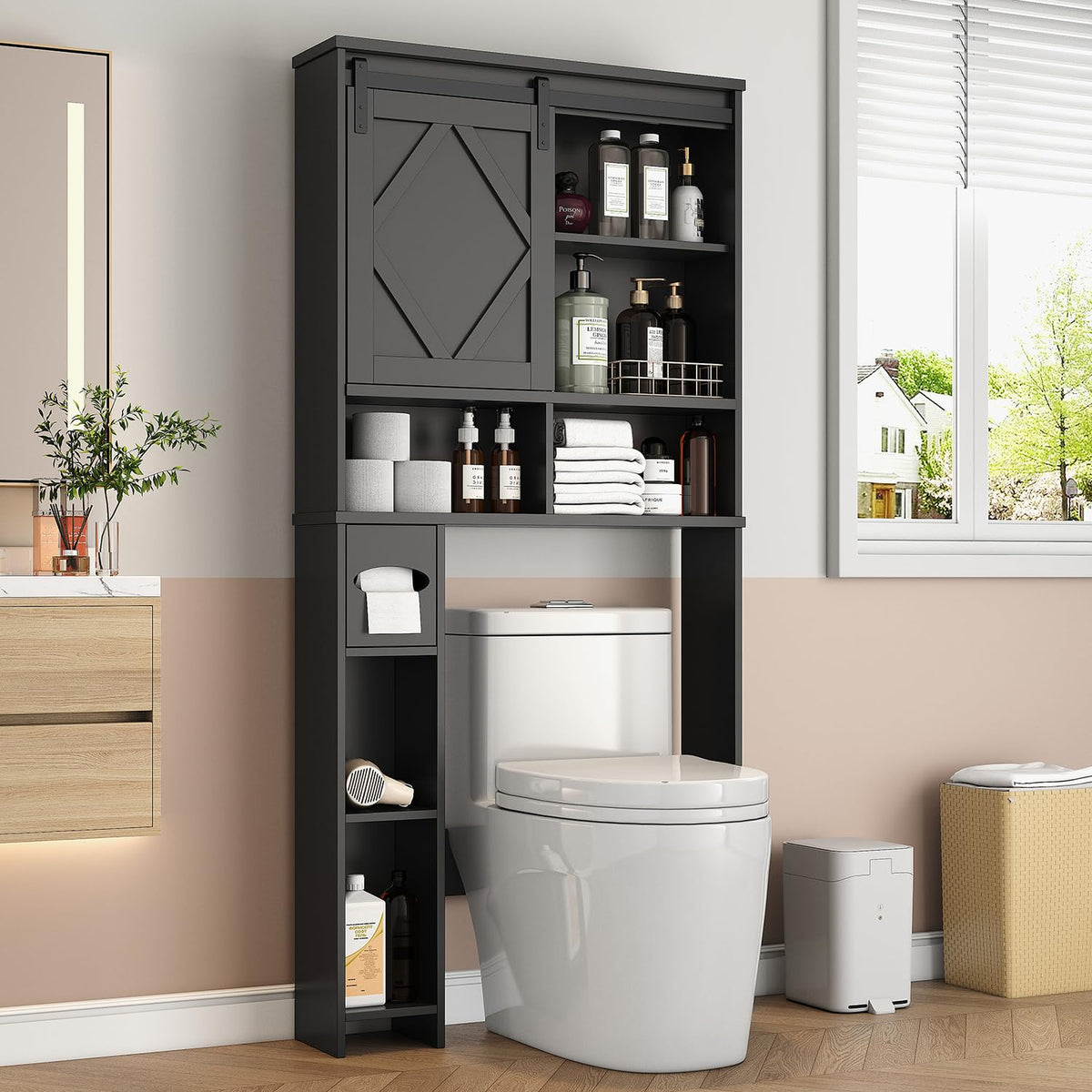 Black Over the Toilet Storage Cabinet with Sliding Barn Door K20627