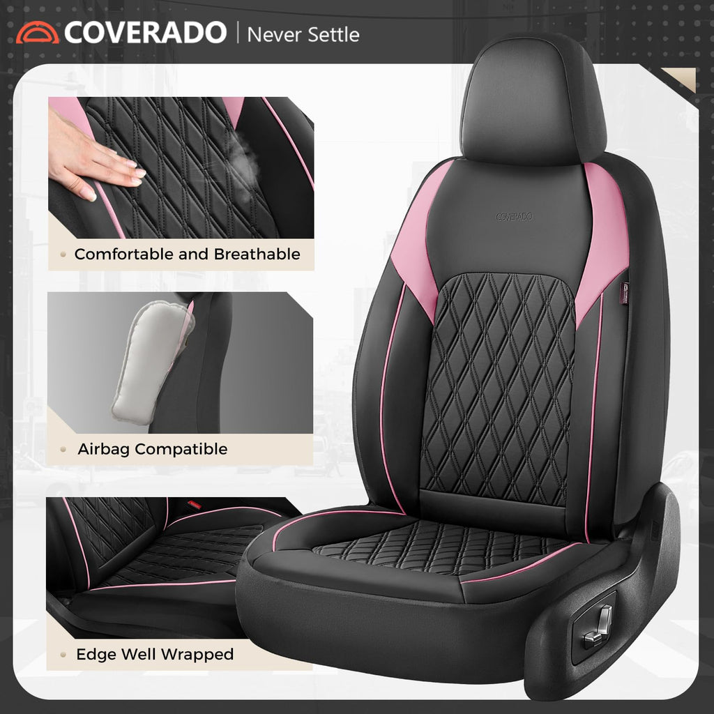 Black Pink Faux Leather Car Seat Covers Full Set I70041