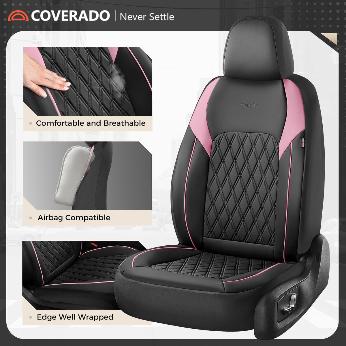 Black Pink Faux Leather Car Seat Covers Full Set I70041