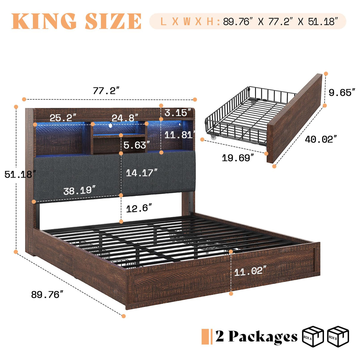 King Brown Storage Bed with Bookcase Headboard & Drawer E76867