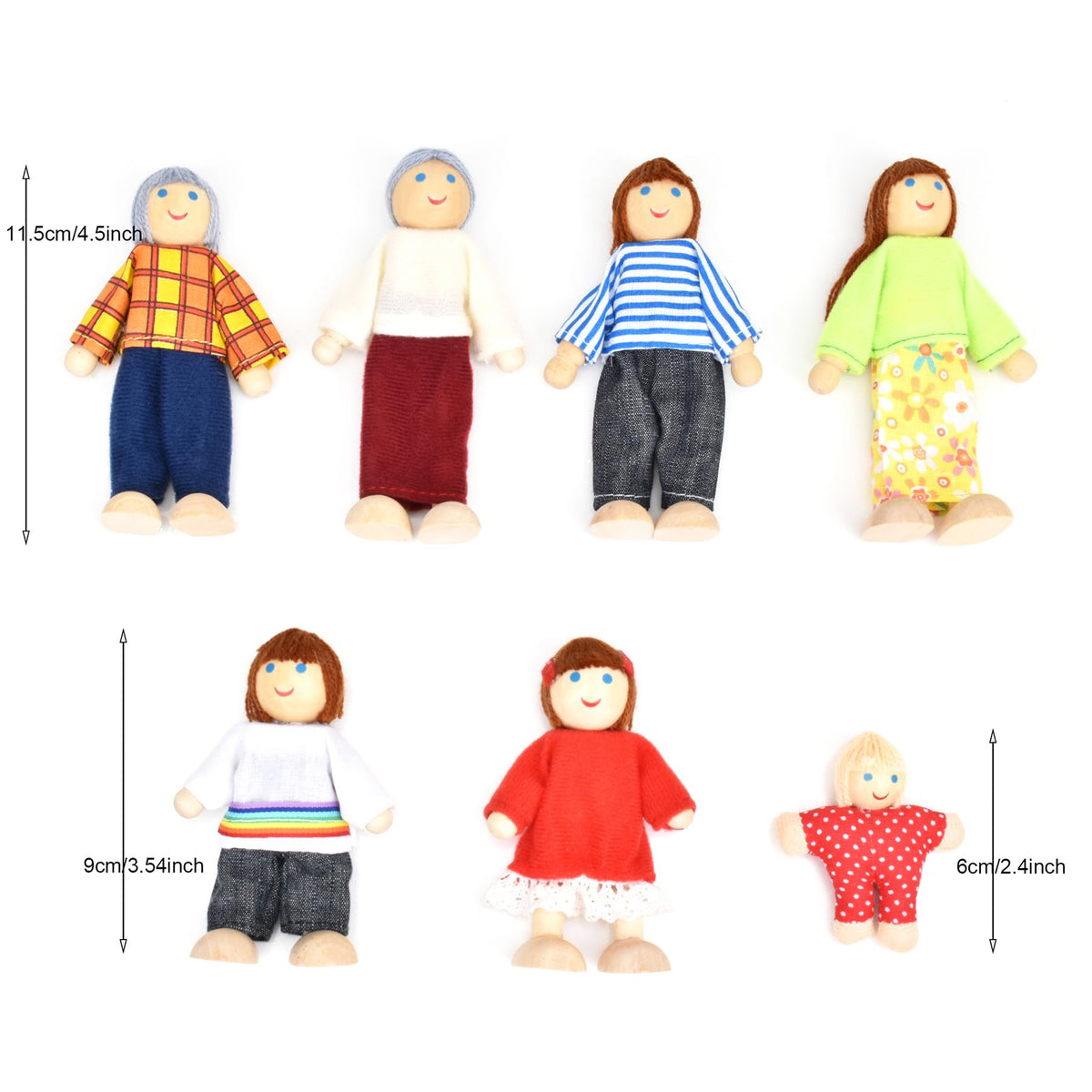 Wooden Dollhouse Dolls Family Set of 7 Miniature Figures and 2 Pets R277