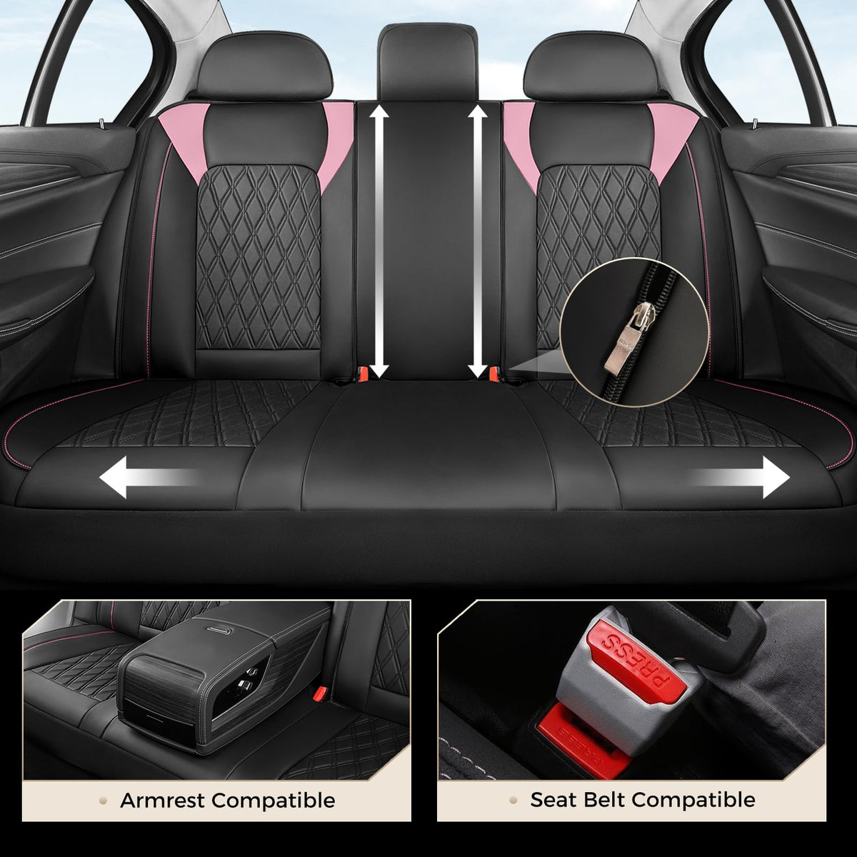 Black Pink Faux Leather Car Seat Covers Full Set I70041