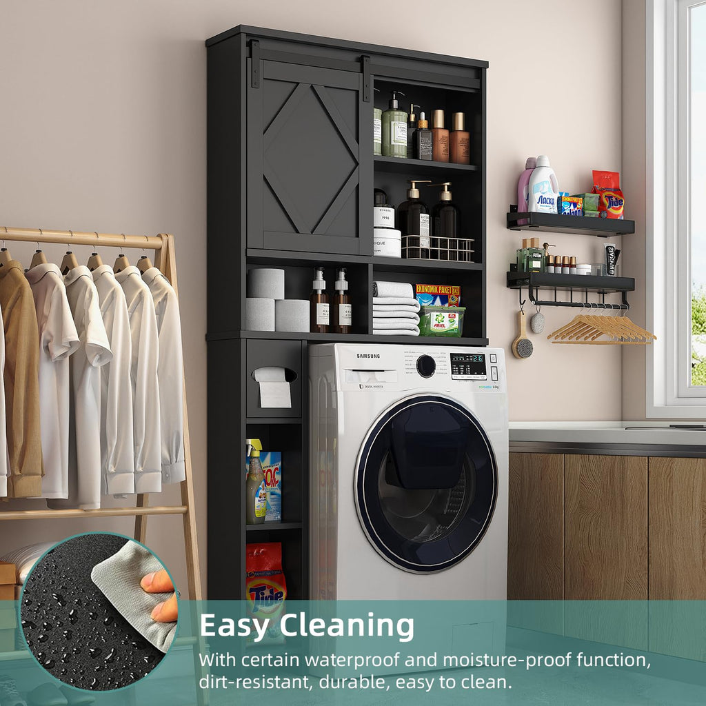 Black Over the Toilet Storage Cabinet with Sliding Barn Door K20627