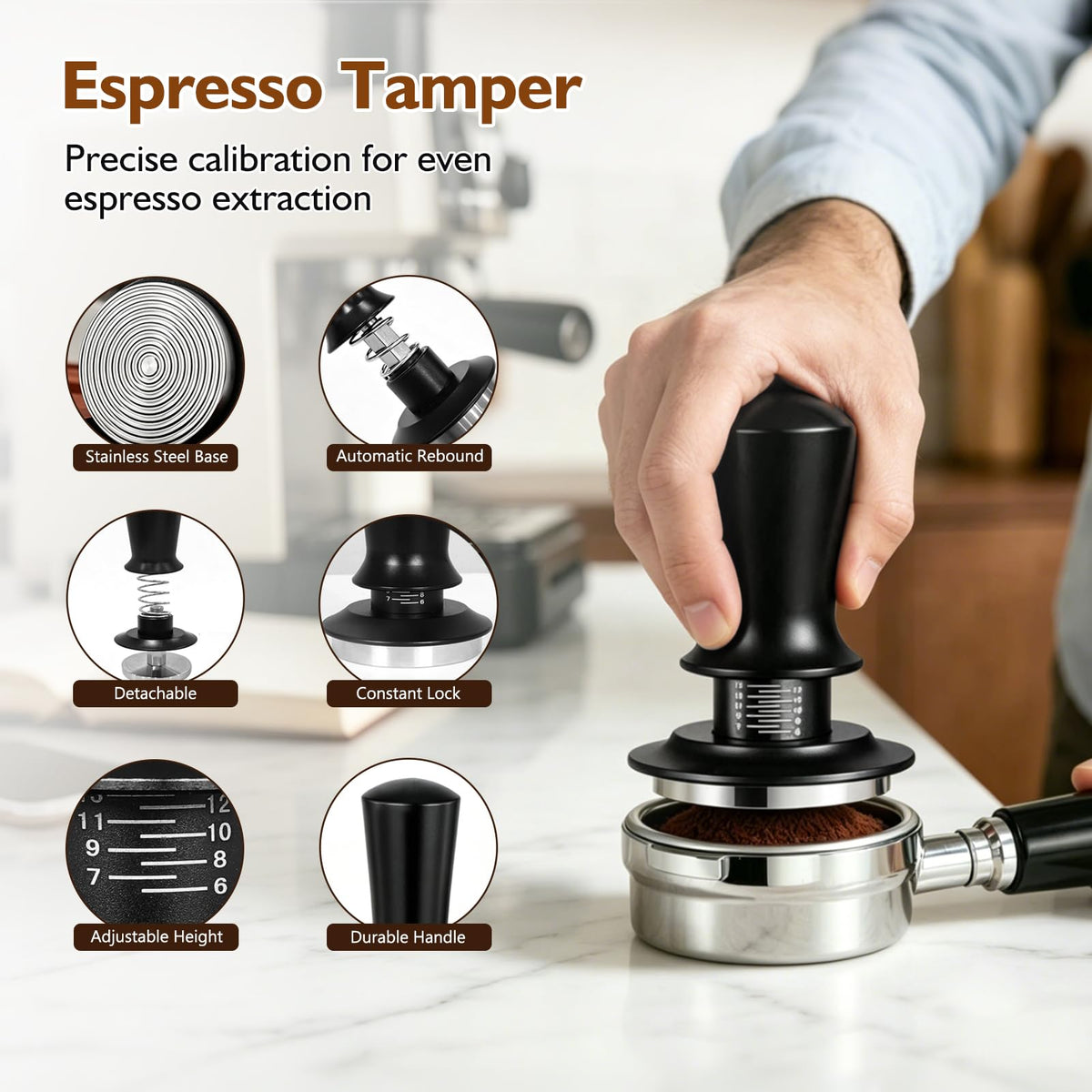 54mm 7Pcs Espresso Accessories Kit with Tamper, WDT Tool, Distributor, Puck Screen and Dosing Funnel E257