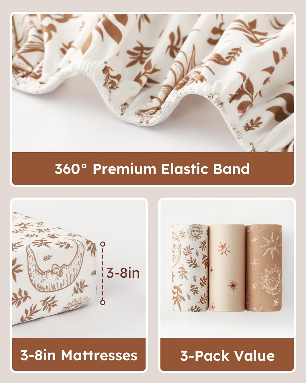 28x52x8in Fitted Crib Sheet 3 Pack Microfiber White Brown X38035