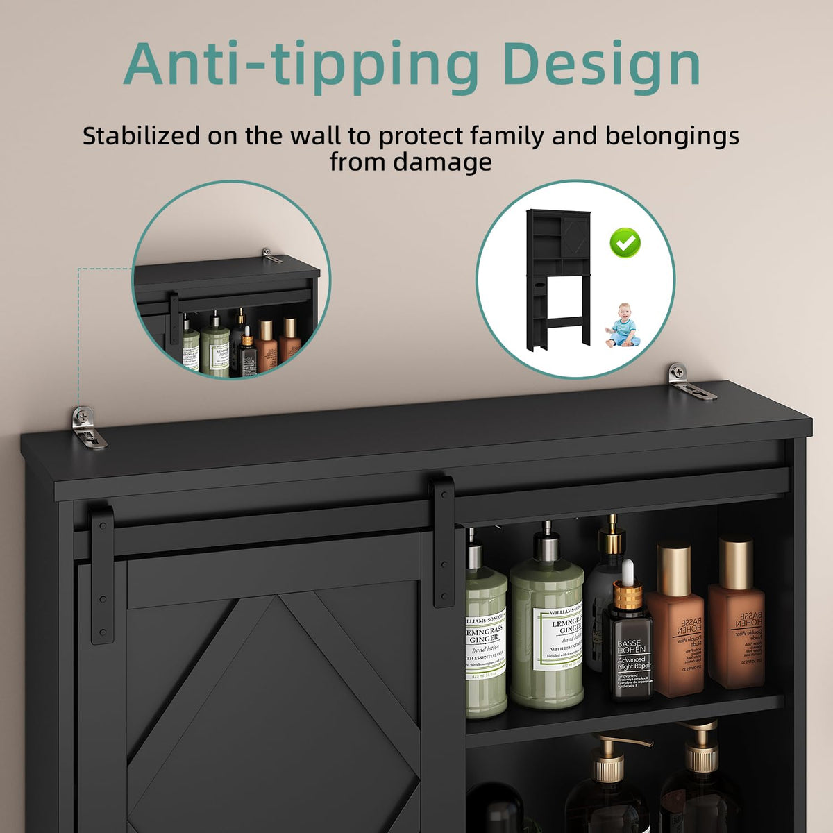 Black Over the Toilet Storage Cabinet with Sliding Barn Door K20627