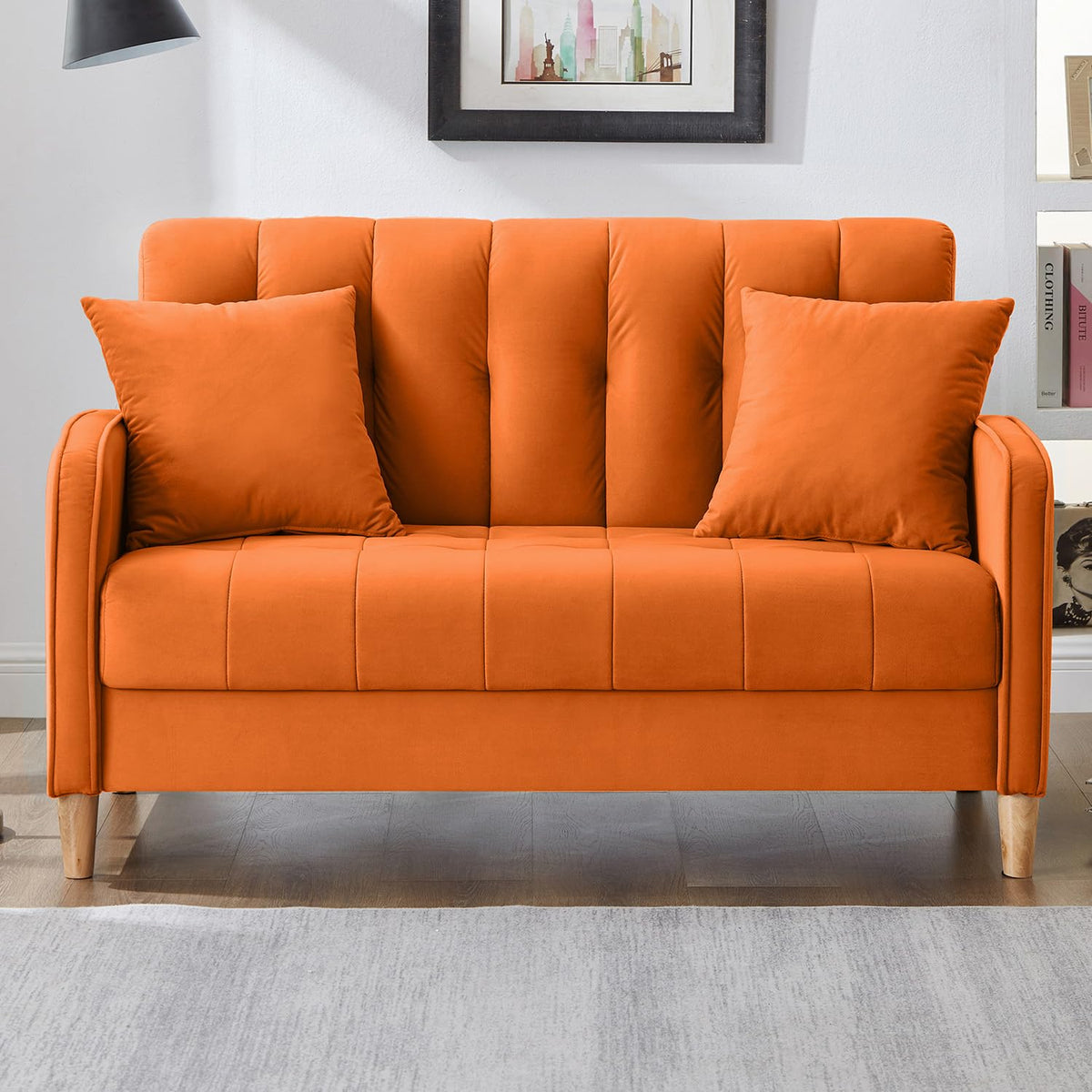52" Orange Velvet 2 Seater Sofa with 2 Pillows T336278