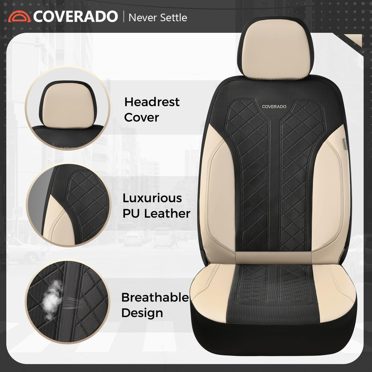 Beige 5-Piece PU Leather Mesh Car Seat Covers U66363