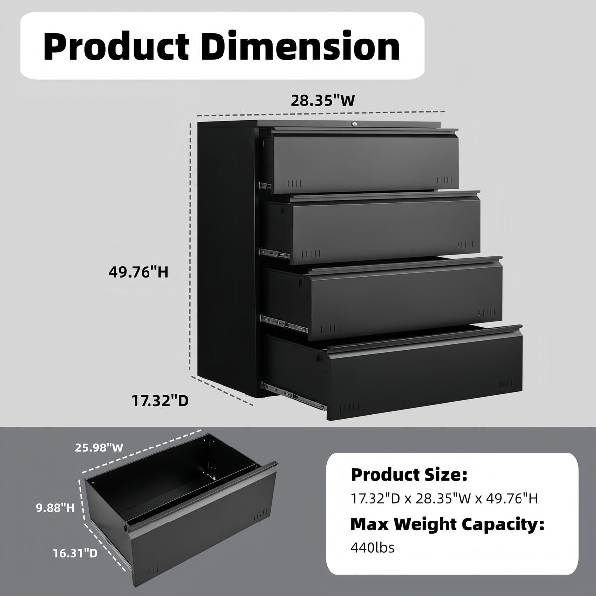 Metal File Cabinet with Lock, 4 Drawer Heavy Duty Office Storage Cabinet M975511