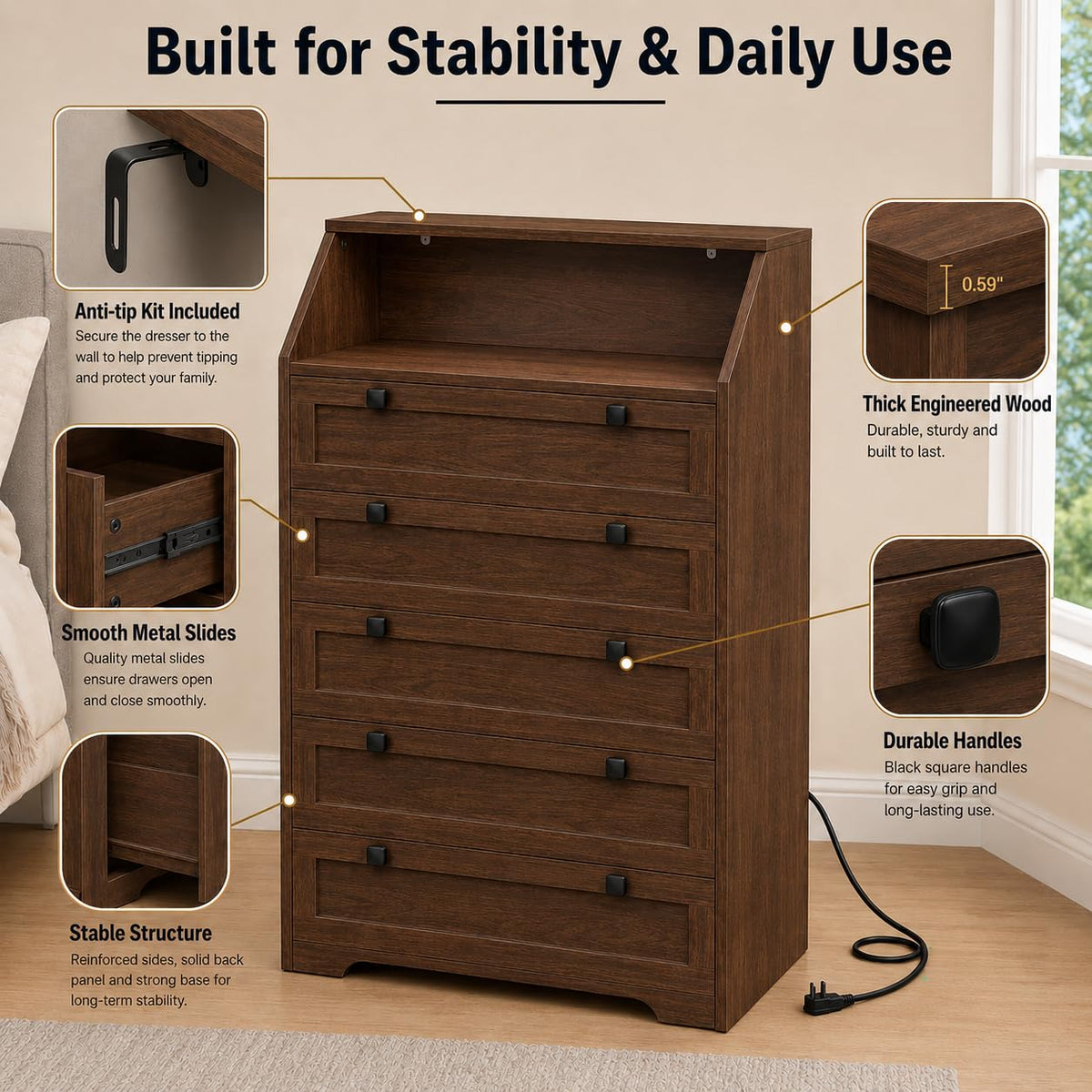 Walnut 5 Drawer Dresser M7908