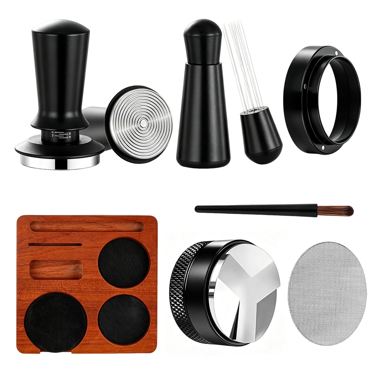 54mm 7Pcs Espresso Accessories Kit with Tamper, WDT Tool, Distributor, Puck Screen and Dosing Funnel E257