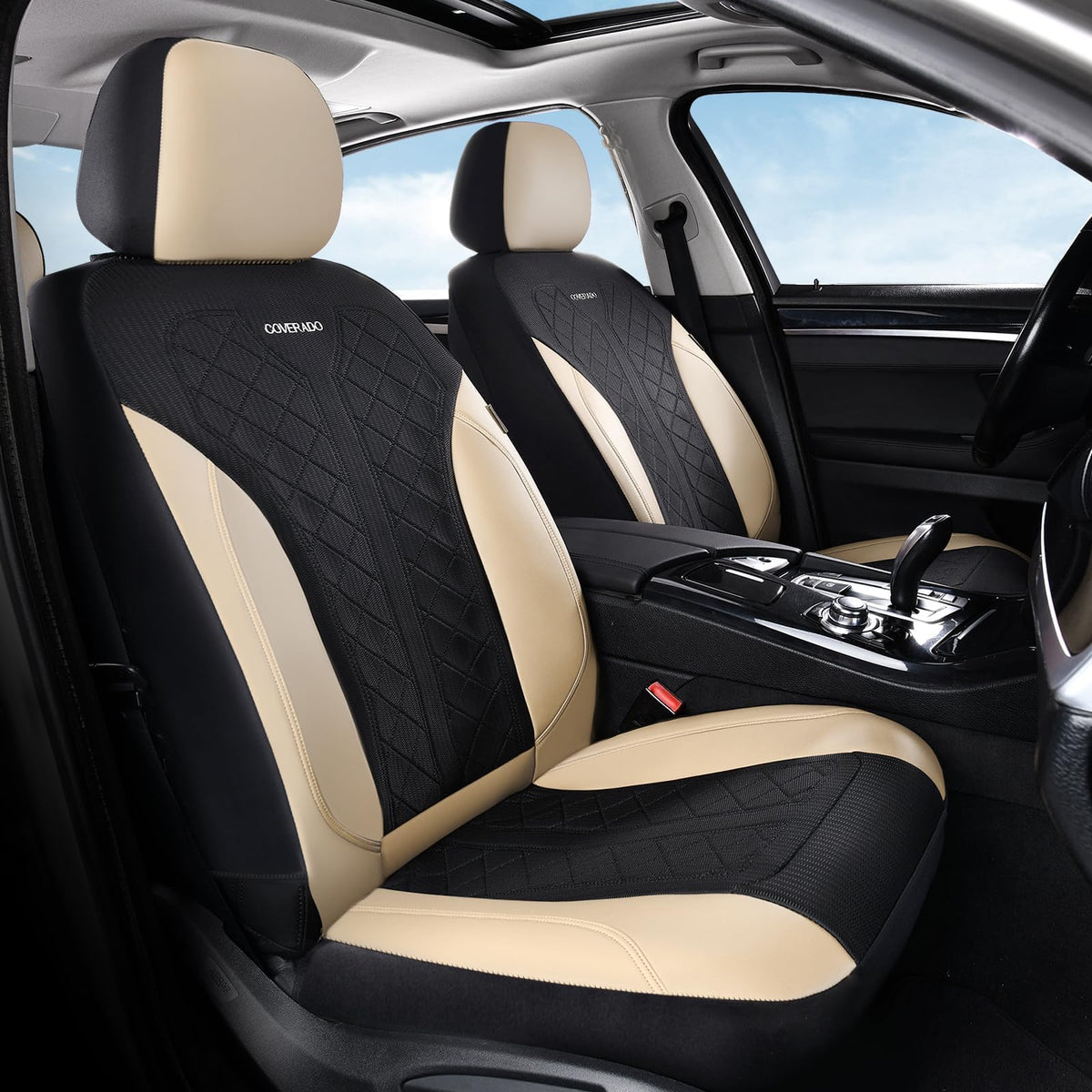Beige 5-Piece PU Leather Mesh Car Seat Covers U66363