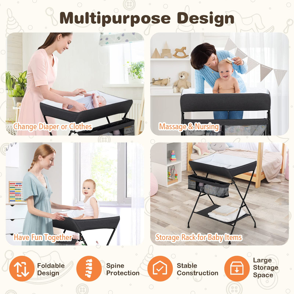Portable Baby Changing Table with Safety Belt Black J33267