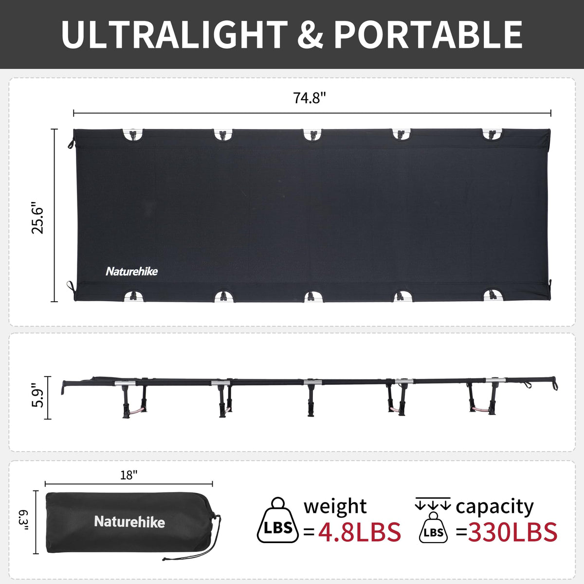 Ultralight Folding Camping Cot 330lbs W7213