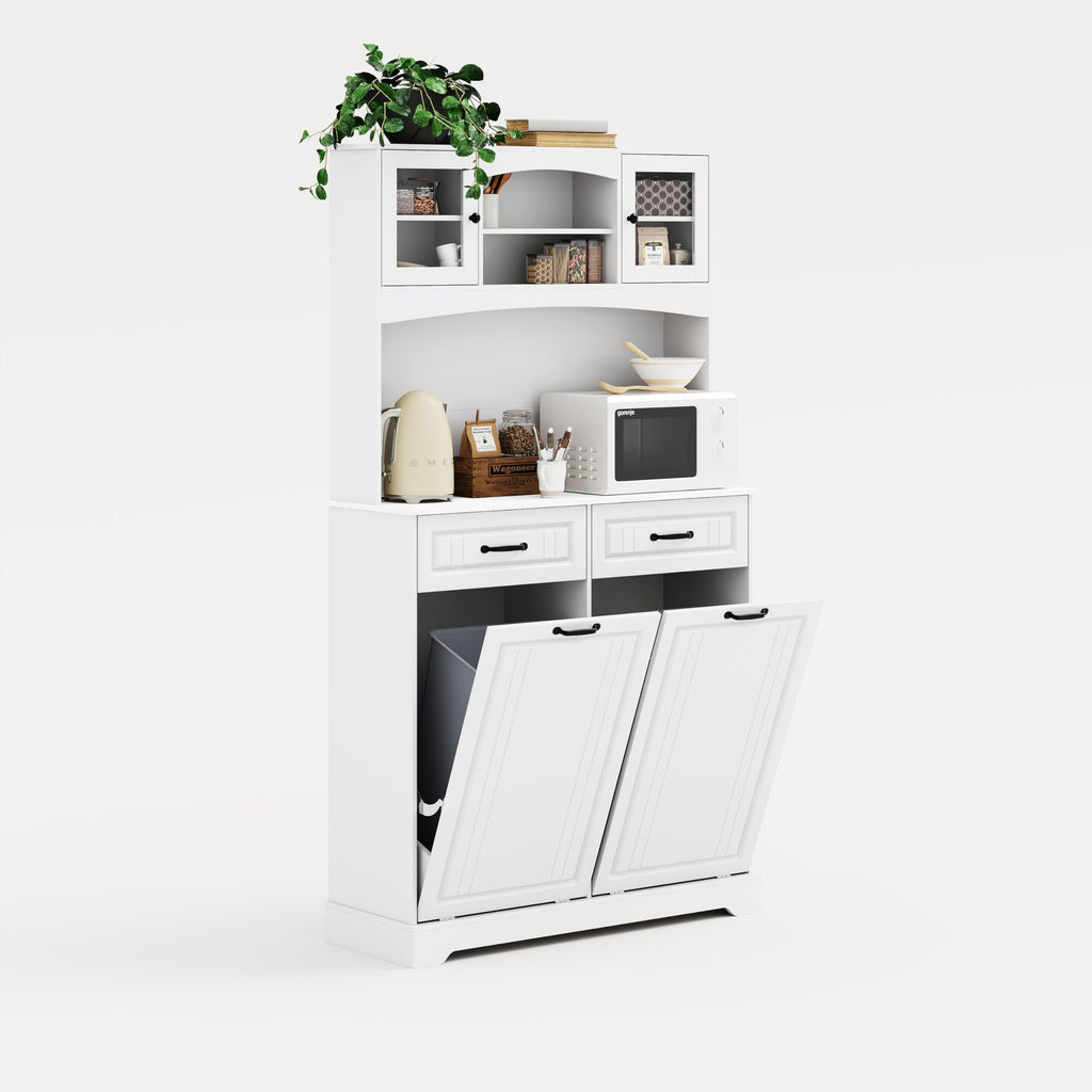 13 Gallons Double Tilt Out Trash Can Cabinet with Power Outlet, 71" Tall Kitchen Pantry Storage Cabinet, White O56880